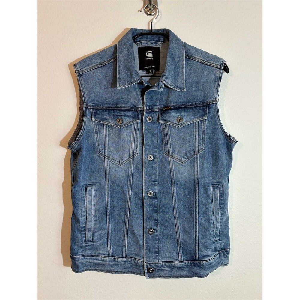 G-Star RAW Vest Men's Size L Blue Sleeveless Button Front Pockets Slim Fit